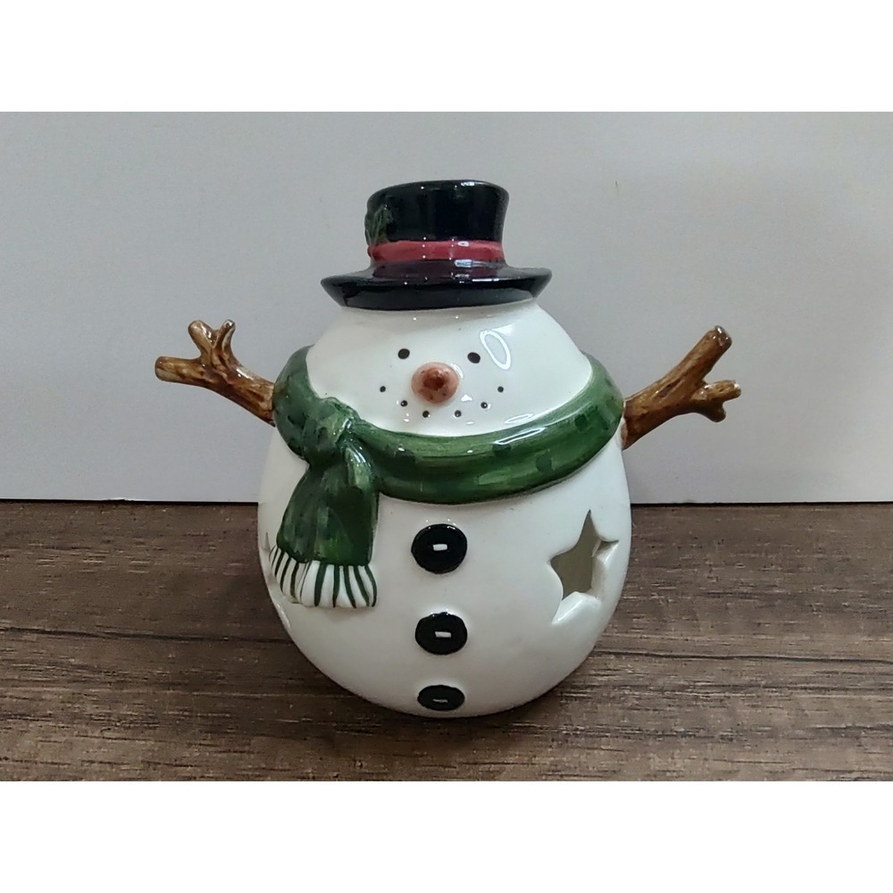 SNOWMAN GLAZED CERAMIC CUT-OUT STARS LUMINARY CANDLE Holder DECOR